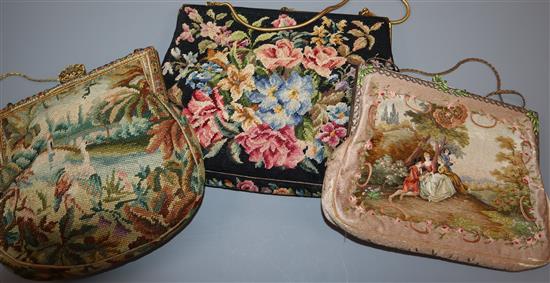 A fine silk embroidered bag and a two needlework bags